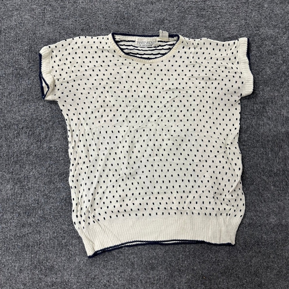 Inner Visions Top Womens Size L Cream Navy Polka Dot Knit Short Sleeve Retro